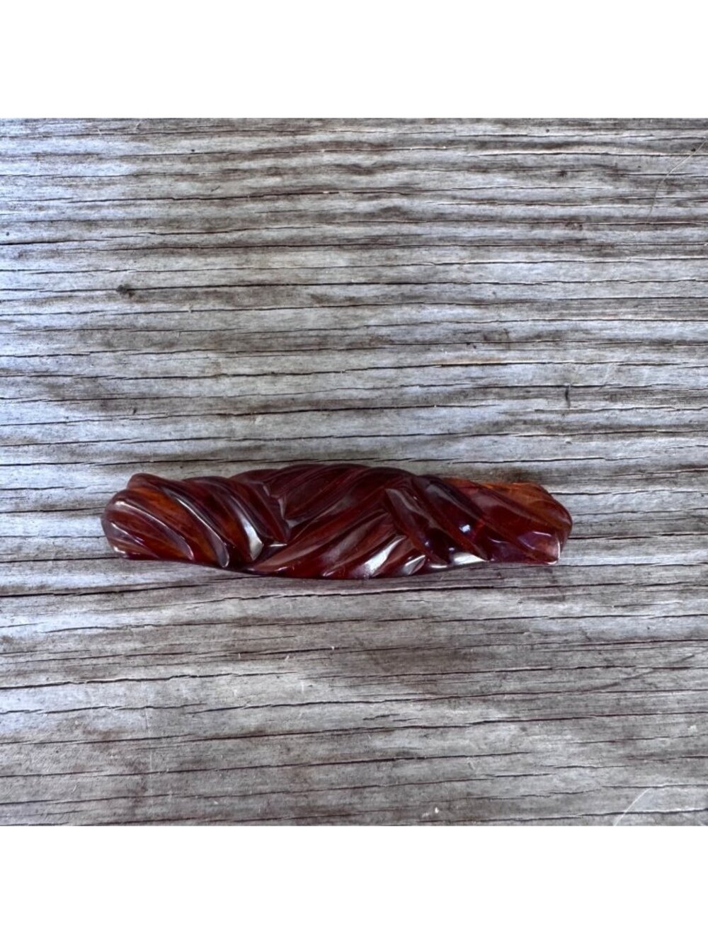 Vintage Amber Lucite Carved Bar Brooch Pin 3” Leaf Design Brown Translucent